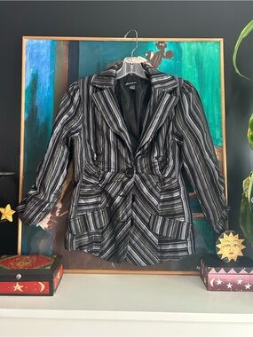 Seductions Black Metallic Striped Patchwork Blazer Size Large